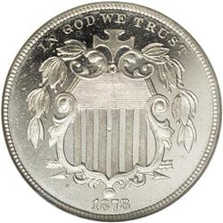 1878 5C PR64 Cameo NGC. Nickel-gray surfaces display a