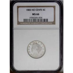 1883 5C No Cents MS66 NGC. Pastel sky-blue and salmon-