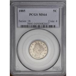 1885 5C MS64 PCGS. Light chestnut and dove-gray streak