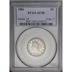 1886 5C AU58 PCGS. This intricately struck key date ni