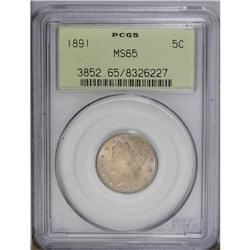 1891 5C MS65 PCGS. The thick, satiny mint luster is ov