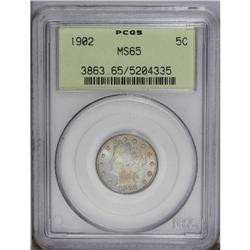1902 5C MS65 PCGS. A pleasing array of bluish-green, d