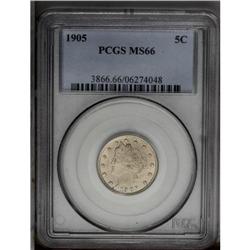 1905 5C MS66 PCGS. Champagne-gray patina is slightly d