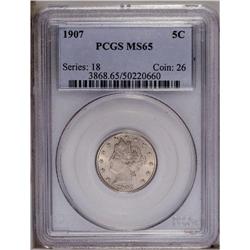 1907 5C MS65 PCGS. Bright satiny luster is overlaid by