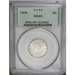 1908 5C MS65 PCGS. The bright silver-gray surfaces exh