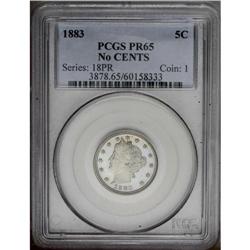 1883 5C No Cents PR65 PCGS. Pastel sky-blue, lime, and
