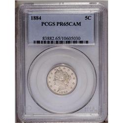1884 5C PR65 Cameo PCGS. Wisps of tan-gold patina touc