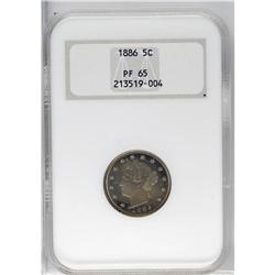 1886 5C PR65 NGC. Luminous lemon-gold and sky-blue tin