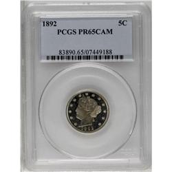 1892 5C PR65 Cameo PCGS. Blushes of medium golden-brow