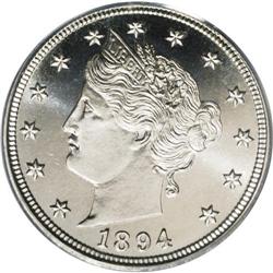 1894 5C PR67 Cameo PCGS. About 800 proof 1894 nickels