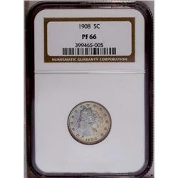 1908 5C PR66 NGC. Pastel powder-blue, lilac, and yello