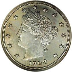 1908 5C PR67 S NGC. Essentially brilliant obverse and