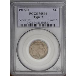 1913-D 5C Type Two MS64 PCGS. This smooth olive-brown