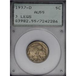 1937-D 5C Three-Legged AU55 PCGS. Chestnut and slate-g