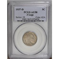 1937-D 5C Three-Legged AU58 PCGS. Frosty pale gray sur