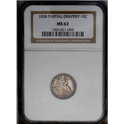 1838 10C Partial Drapery MS62 NGC. A satiny Mint State 1838[10C] Partial Drapery MS62 NGC.