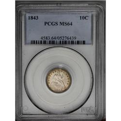 1843 10C MS64 PCGS. A fully lustrous near-Gem example 1843[10C] MS64 PCGS.