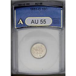 1851-O 10C AU55 ANACS. A sharply struck and satiny cre 1851-O[10C] AU55 ANACS.