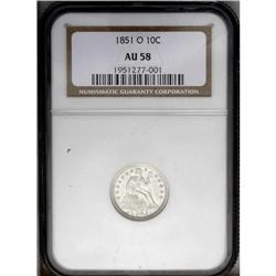 1851-O 10C AU58 NGC. Slight wear is noted on the highe 1851-O[10C] AU58 NGC.