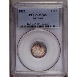 1853 10C Arrows MS65 PCGS. Electric-blue, golden-brown 1853[10C] Arrows MS65 PCGS.