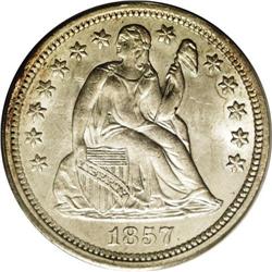 1857 10C MS65 PCGS. Highly lustrous and generally well 1857[10C] MS65 PCGS.