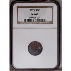 1875 10C MS66 NGC. Deeply patinated in autumn-brown an 1875[10C] MS66 NGC.
