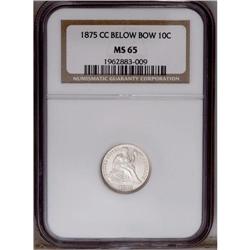 1875-CC 10C Mintmark Below Bow MS65 NGC. This stellar 1875-CC[10C] Mintmark Below Bow MS65 NGC.