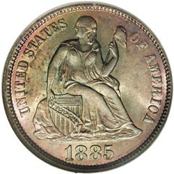 1885 10C MS67 NGC. Phenomenal light patination on both 1885[10C] MS67 NGC.