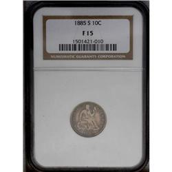 1885-S 10C Fine 15 NGC. An important rarity among the 1885-S[10C] Fine 15 NGC.