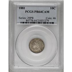 1881 10C PR64 Cameo PCGS. Dappled cobalt-blue and lila 1881[10C] PR64 Cameo PCGS.