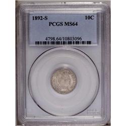 1892-S 10C MS64 PCGS. Light tan-gray patination bathes 1892-S[10C] MS64 PCGS.