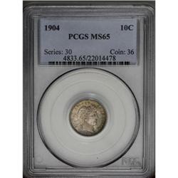 1904 10C MS65 PCGS. An attractive Gem quality Barber d 1904[10C] MS65 PCGS.