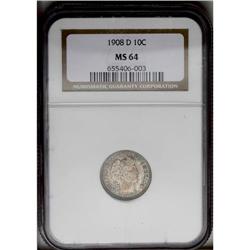 1908-D 10C MS64 NGC. Dusky gray-brown and iridescent t 1908-D[10C] MS64 NGC.