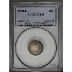 1908-O 10C MS65 PCGS. Dusky gold and gray color on the 1908-O[10C] MS65 PCGS.