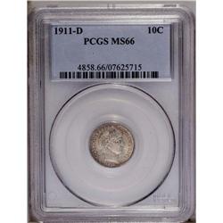1911-D 10C MS66 PCGS. Pastel cobalt-blue, lavender, an 1911-D[10C] MS66 PCGS.