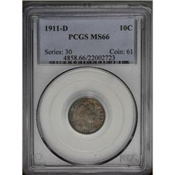1911-D 10C MS66 PCGS. Dark surfaces with lilac, blue, 1911-D[10C] MS66 PCGS.