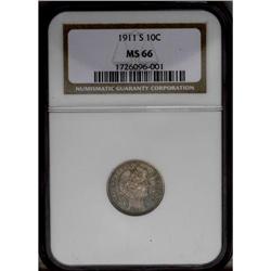 1911-S 10C MS66 NGC. Both sides have mottled golden-br 1911-S[10C] MS66 NGC.