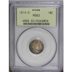 1914-D 10C MS63 PCGS. Both sides have satiny luster be 1914-D[10C] MS63 PCGS.