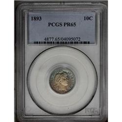 1893 10C PR65 PCGS. Delicate cobalt-blue, lavender, an 1893[10C] PR65 PCGS.