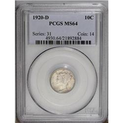 1920-D 10C MS64 PCGS. A satiny Mint State example with 1920-D[10C] MS64 PCGS.
