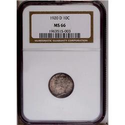 1920-D 10C MS66 NGC. Impeccably preserved surfaces, wi 1920-D[10C] MS66 NGC.