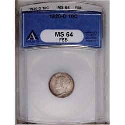 1920-D 10C MS64 Full Bands ANACS. This attractive near 1920-D[10C] MS64 Full Bands ANACS.
