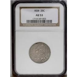 1834 25C AU53 NGC. B-4, R.1. Star 8 repunched; Stem en 1834[25C] AU53 NGC.
