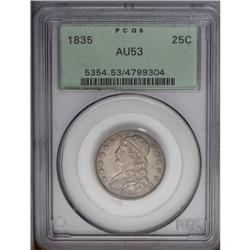 1835 25C AU53 PCGS. B-8, R.4. A die crack through most 1835[25C] AU53 PCGS.