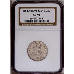 1853 25C Arrows and Rays AU55 NGC. Lightly toned with 1853[25C] Arrows and Rays AU55 NGC.