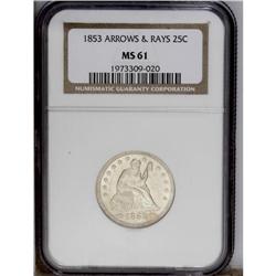 1853 25C Arrows and Rays MS61 PCGS. Satiny and mostly 1853[25C] Arrows and Rays MS61 PCGS.