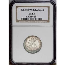 1853 25C Arrows and Rays MS63 NGC. Whispers of cobalt- 1853[25C] Arrows and Rays MS63 NGC.
