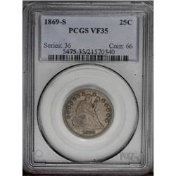 1869-S 25C VF35 PCGS. Intermingled dove-gray and mauve 1869-S[25C] VF35 PCGS.