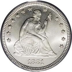 1881 25C MS65 PCGS. Untoned with supremely frosty devi 1881[25C] MS65 PCGS.