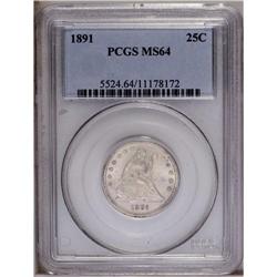 1891 25C MS64 PCGS. Full, frosty luster with a hint of 1891[25C] MS64 PCGS.